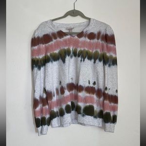 Women’s Gray V-Neck Tie Dye Sweatshirt Pink Green Stripes